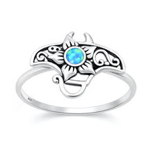 Load image into Gallery viewer, Sterling Silver Oxidized And Polished Manta Ray And Flower Blue Lab Opal Ring