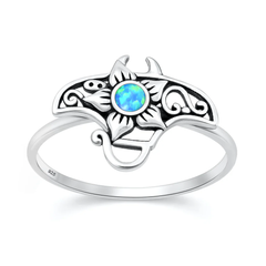 Sterling Silver Oxidized And Polished Manta Ray And Flower Blue Lab Opal Ring
