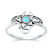 Load image into Gallery viewer, Sterling Silver Oxidized And Polished Manta Ray And Flower Turquoise Stone Ring