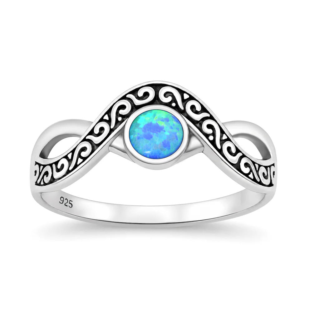 Sterling Silver Oxidized And Polished Tribal Wave Blue Lab Opal Ring