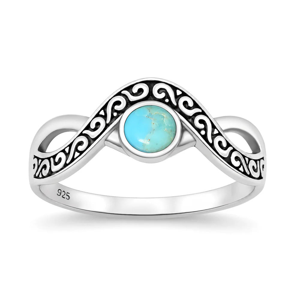 Sterling Silver Oxidized And Polished Tribal Wave Turquoise Stone Ring