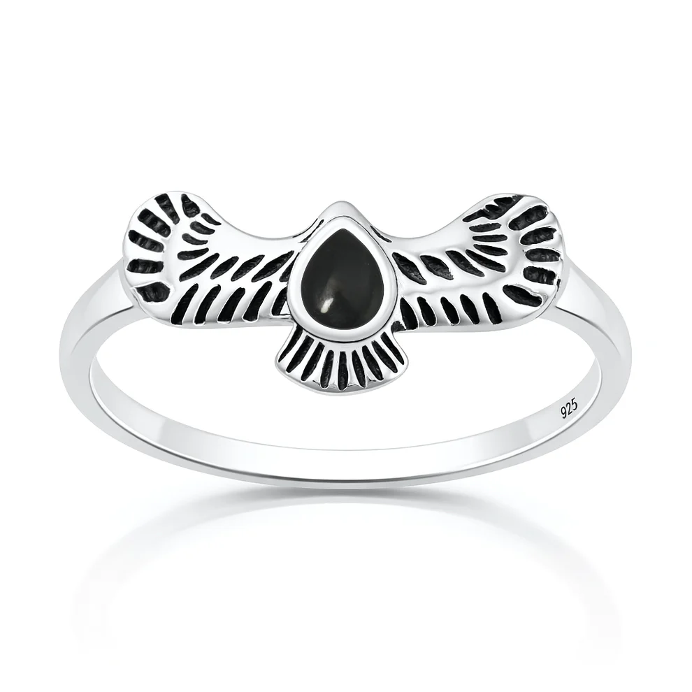 Sterling Silver Oxidized And Polished Eagle Black Agate Stone Ring