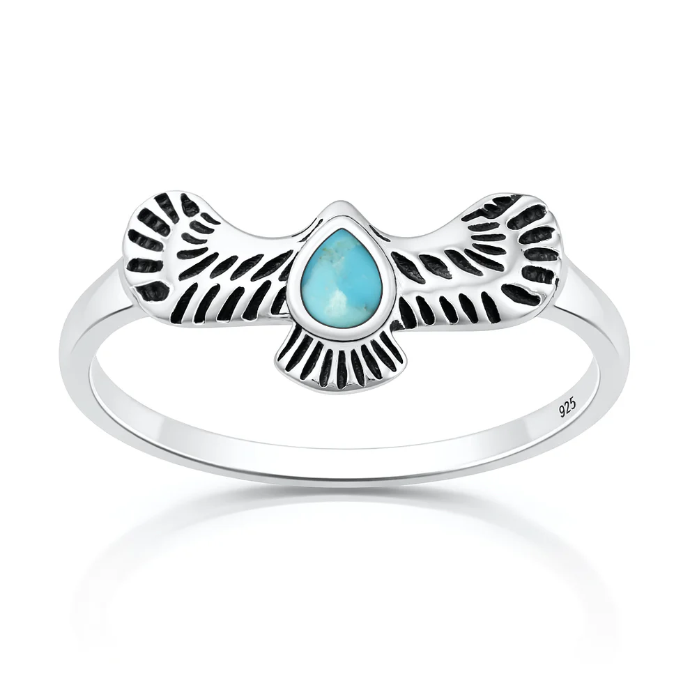 Sterling Silver Oxidized And Polished Eagle Turquoise Stone Ring