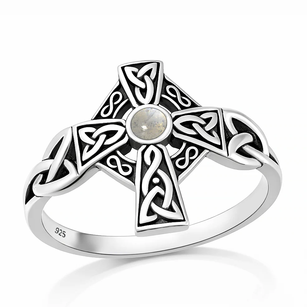 Sterling Silver Oxidized And Polished Celtic Cross Moonstone Ring