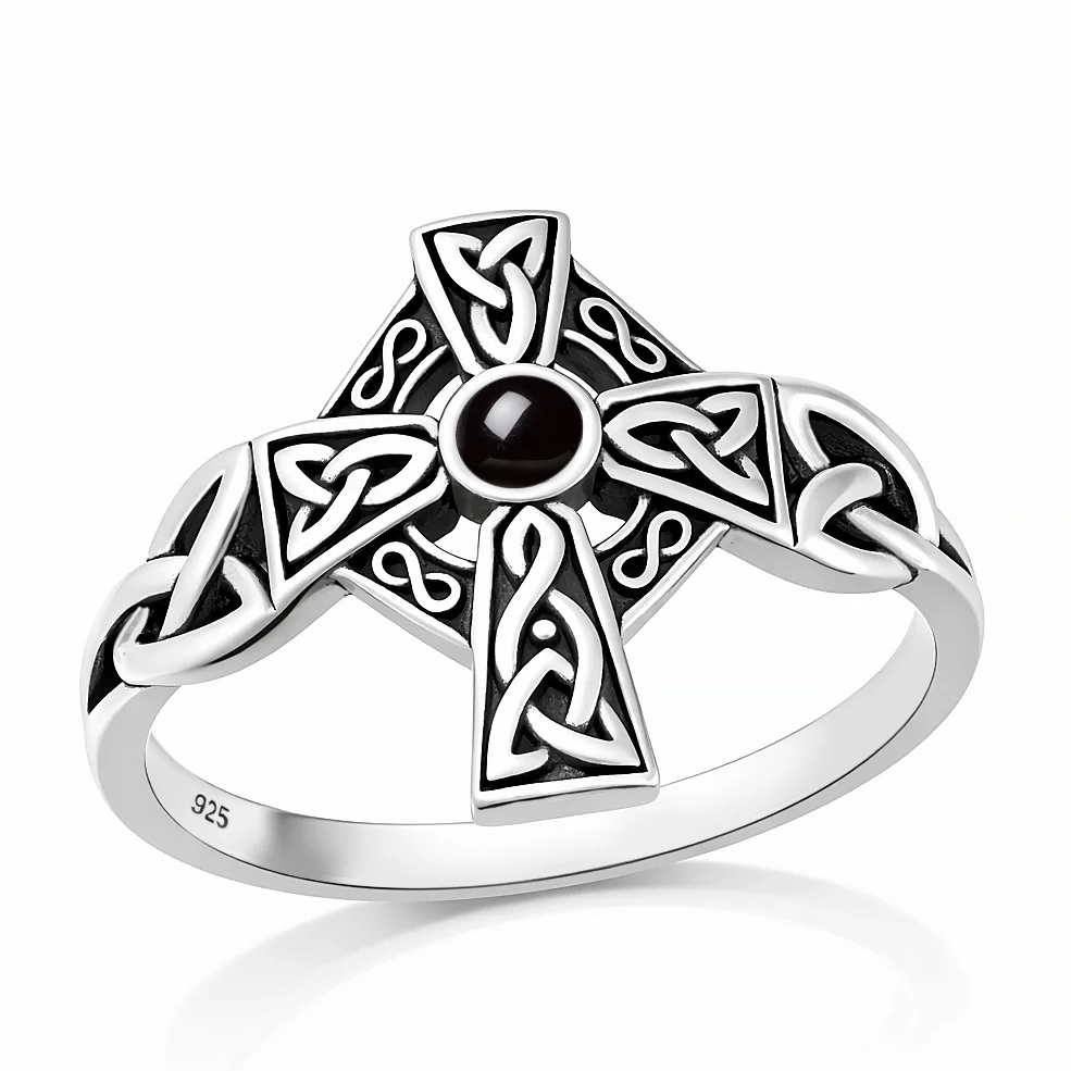 Sterling Silver Oxidized And Polished Celtic Cross Black Agate Stone Ring