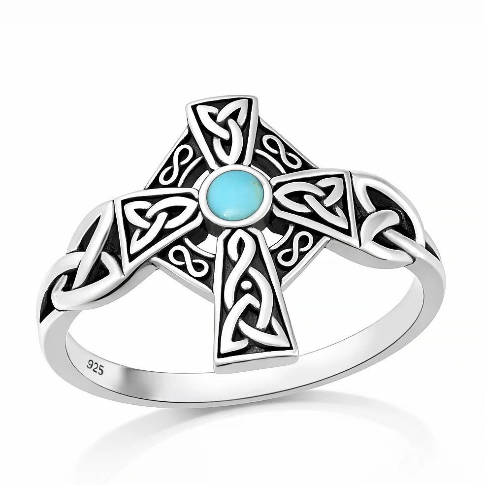 Sterling Silver Oxidized And Polished Celtic Cross Turquoise Stone Ring