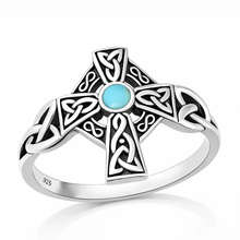 Load image into Gallery viewer, Sterling Silver Oxidized And Polished Celtic Cross Turquoise Stone Ring