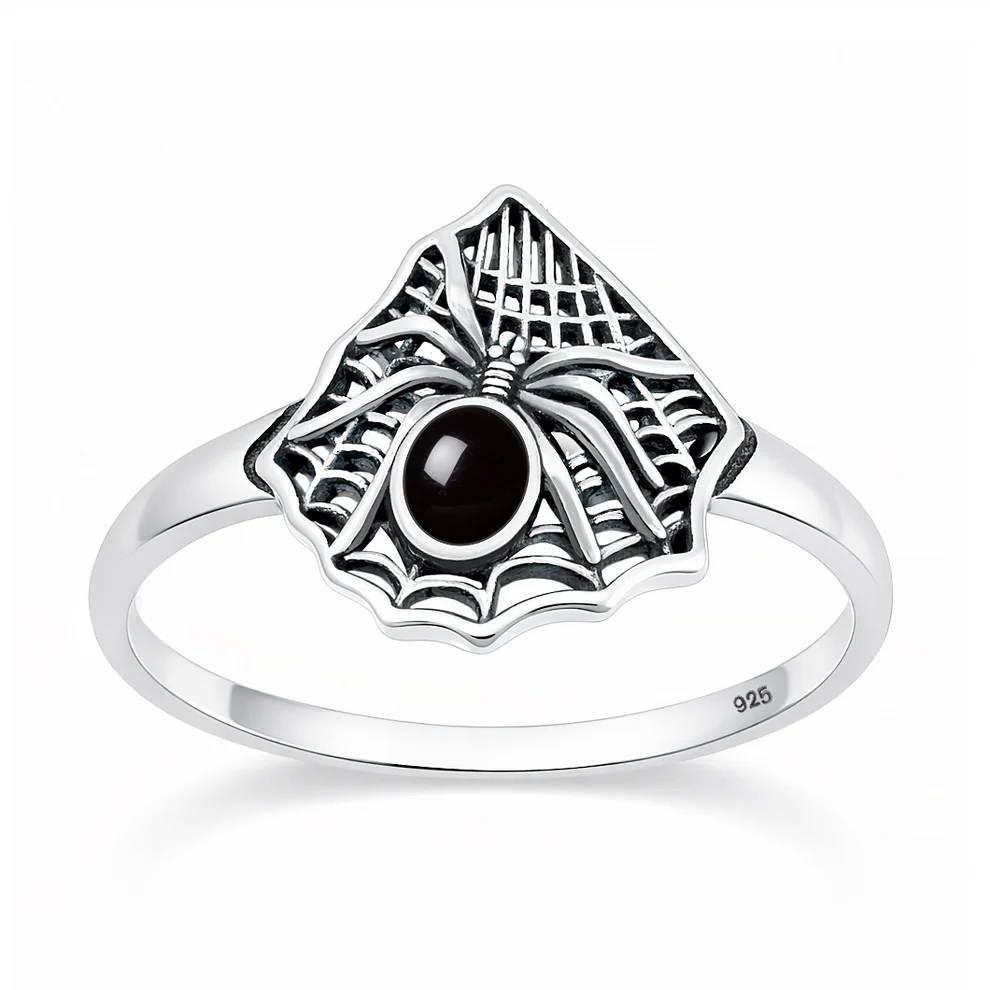 Sterling Silver Oxidized And Polished Spider And Web Black Onyx Stone Ring
