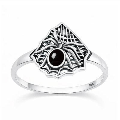 Sterling Silver Oxidized And Polished Spider And Web Black Onyx Stone Ring