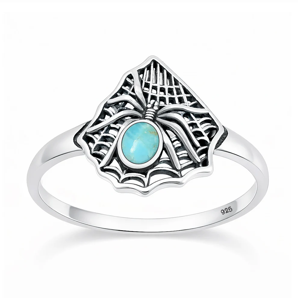 Sterling Silver Oxidized And Polished Spider And Web Turquoise Stone Ring