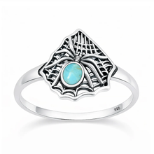 Load image into Gallery viewer, Sterling Silver Oxidized And Polished Spider And Web Turquoise Stone Ring