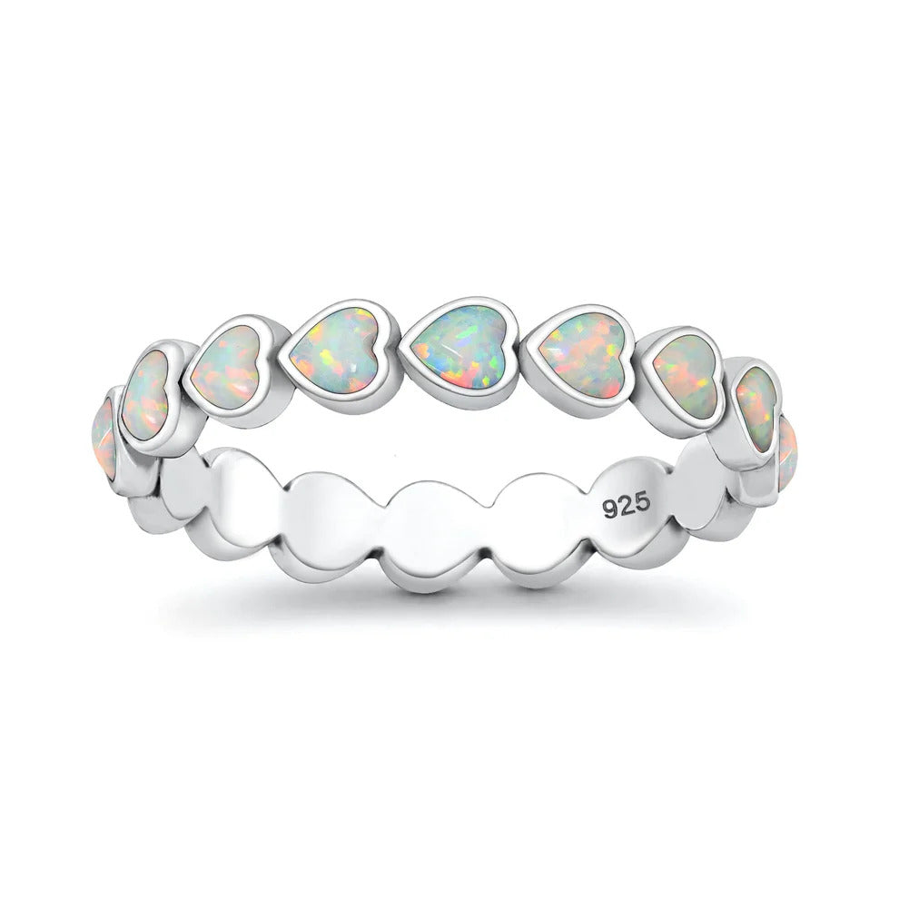 Sterling Silver Oxidized And Polished Hearts White Lab Opal Ring