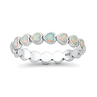 Sterling Silver Oxidized And Polished Hearts White Lab Opal Ring