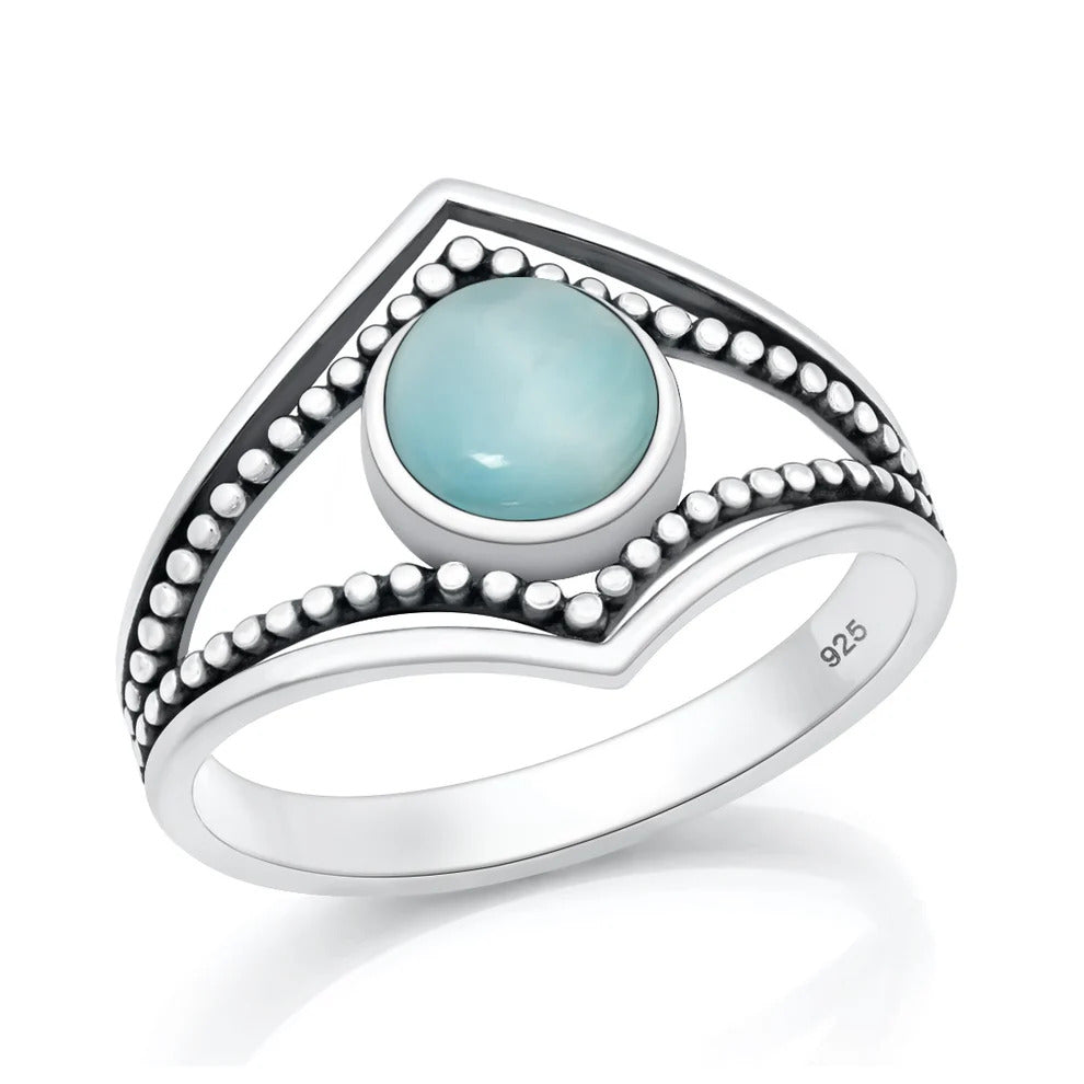 Sterling Silver Oxidized And Polished Bali Design Larimar Stone Ring