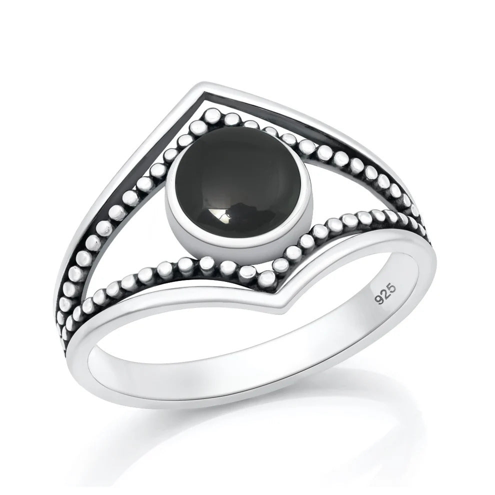 Sterling Silver Oxidized And Polished Bali Design Black Onyx Stone Ring