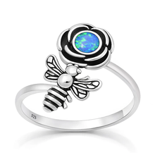 Load image into Gallery viewer, Sterling Silver Oxidized And Polished Flower And Bee Blue Lab Opal Ring