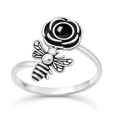 Load image into Gallery viewer, Sterling Silver Oxidized And Polished Flower And Bee Black Onyx Stone Ring