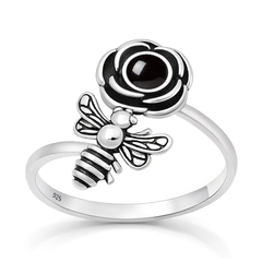 Sterling Silver Oxidized And Polished Flower And Bee Black Onyx Stone Ring