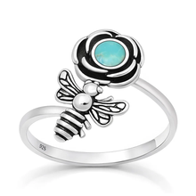 Load image into Gallery viewer, Sterling Silver Oxidized And Polished Flower And Bee Genuine Turquoise Stone Ring
