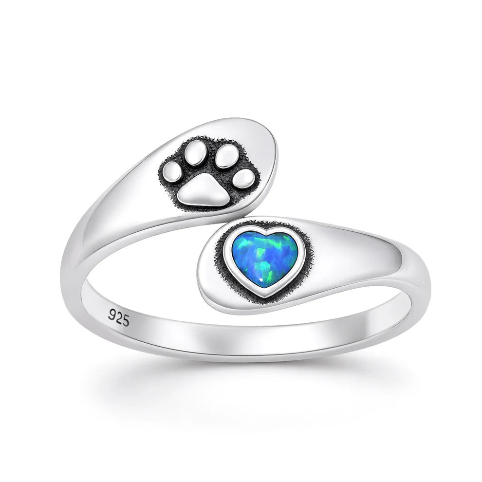 Sterling Silver Oxidized And Polished Paw Print And Heart Blue Lab Opal Ring