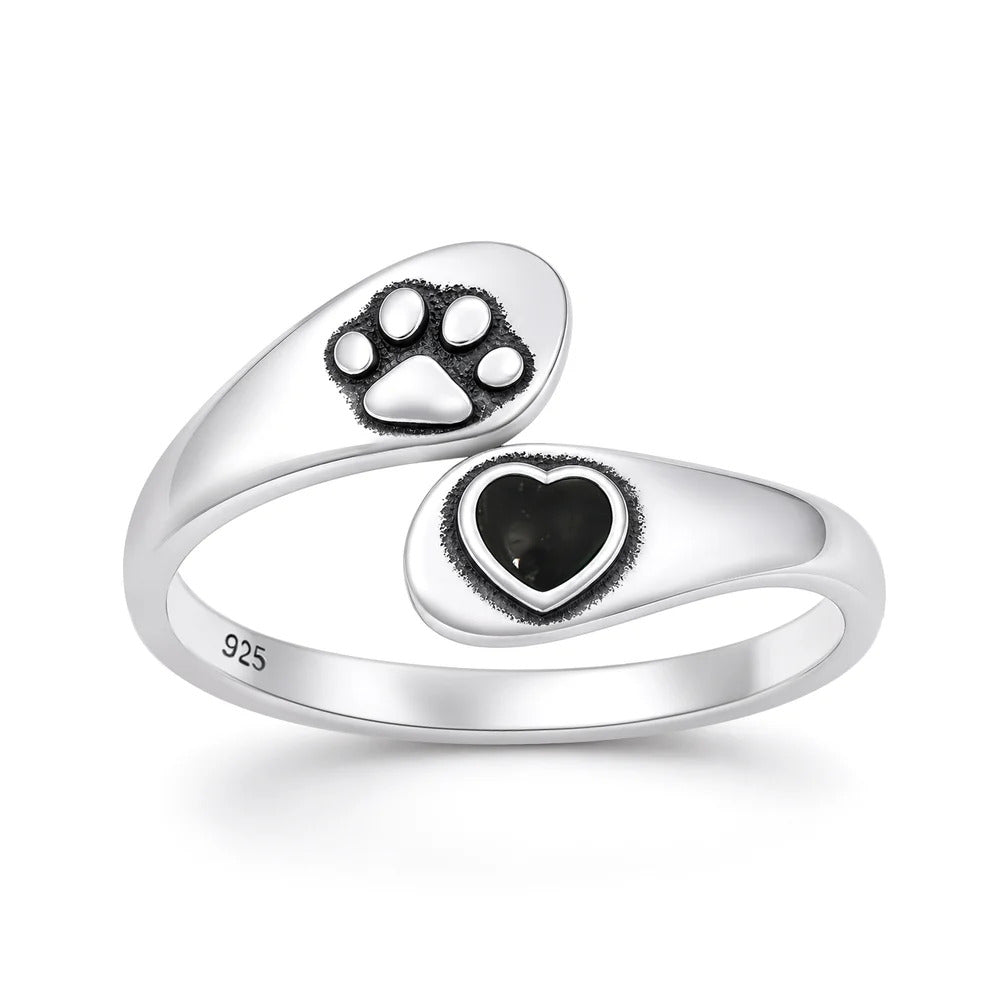 Sterling Silver Oxidized And Polished Paw Print And Heart Black Agate Stone Ring