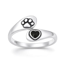 Load image into Gallery viewer, Sterling Silver Oxidized And Polished Paw Print And Heart Black Agate Stone Ring