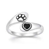 Sterling Silver Oxidized And Polished Paw Print And Heart Black Agate Stone Ring