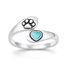 Load image into Gallery viewer, Sterling Silver Oxidized And Polished Paw Print And Heart Turquoise Stone Ring