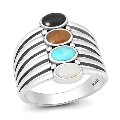 Sterling Silver Oxidized And Polished 21mm Multi Color Stone Ring
