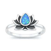 Load image into Gallery viewer, Sterling Silver Oxidized And Polished Blue Lab Opal Lotus Ring