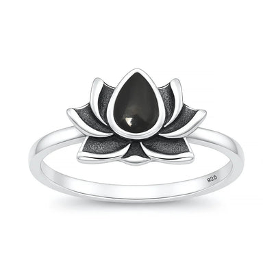 Sterling Silver Oxidized And Polished Black Onyx Lotus Ring