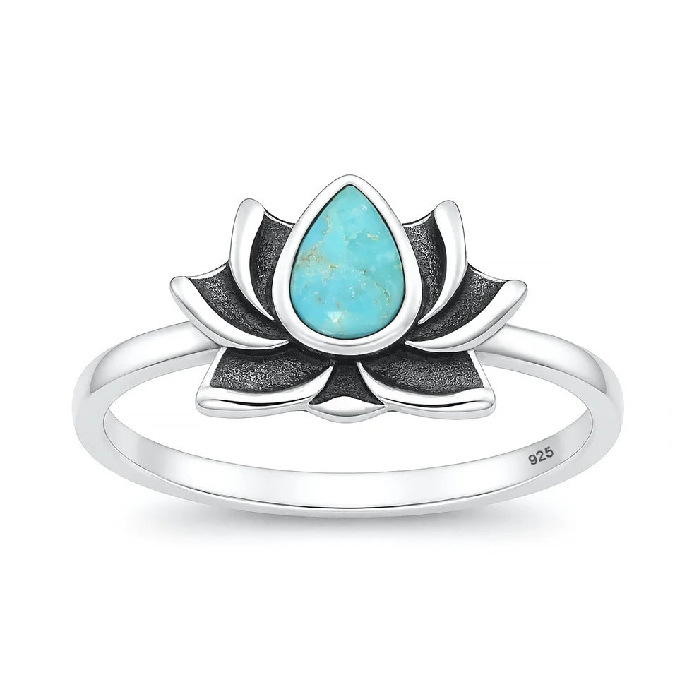 Sterling Silver Oxidized And Polished Turquoise Lotus Ring