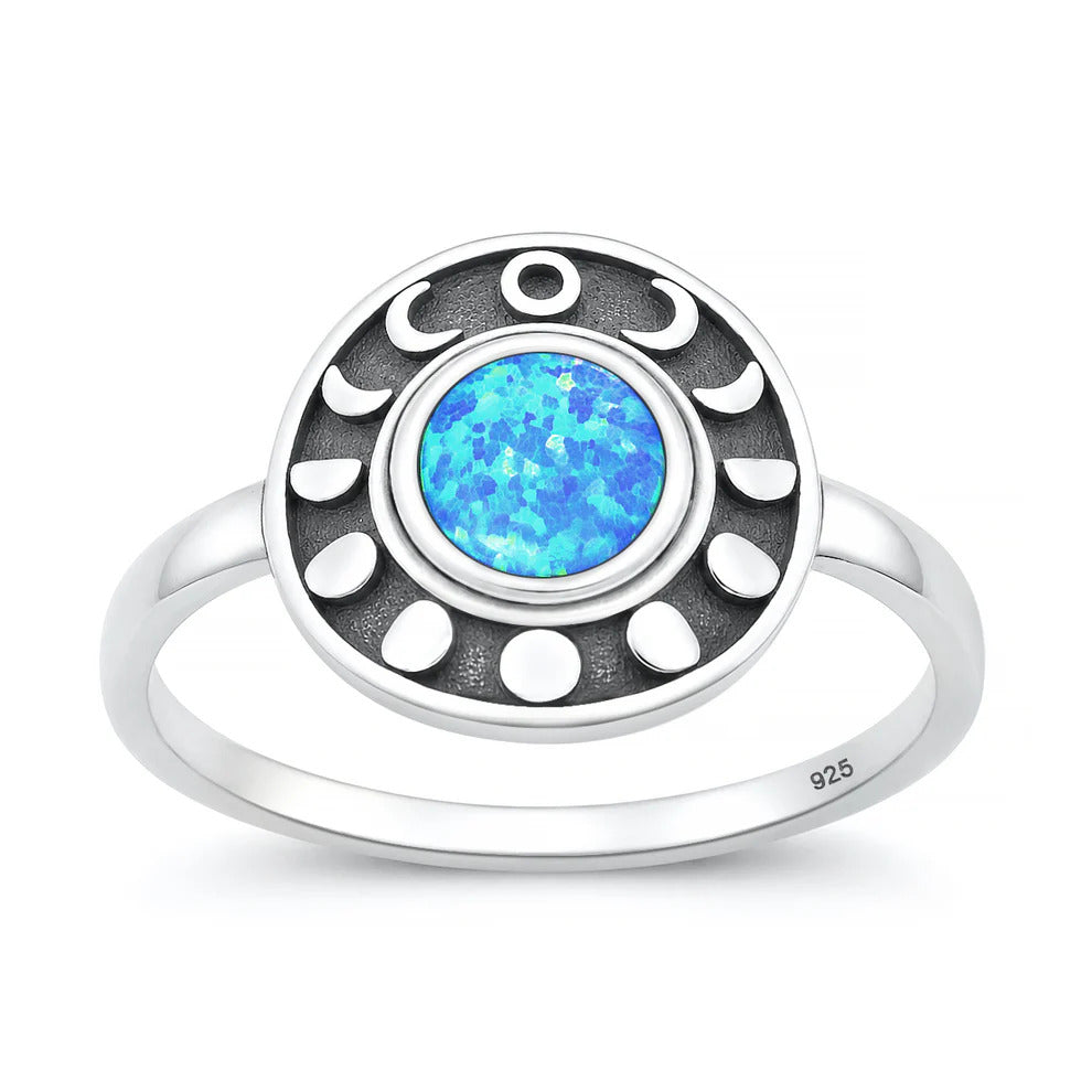 Sterling Silver Oxidized And Polished Moon Phases Blue Lab Opal Ring