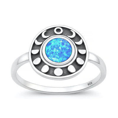 Sterling Silver Oxidized And Polished Moon Phases Blue Lab Opal Ring