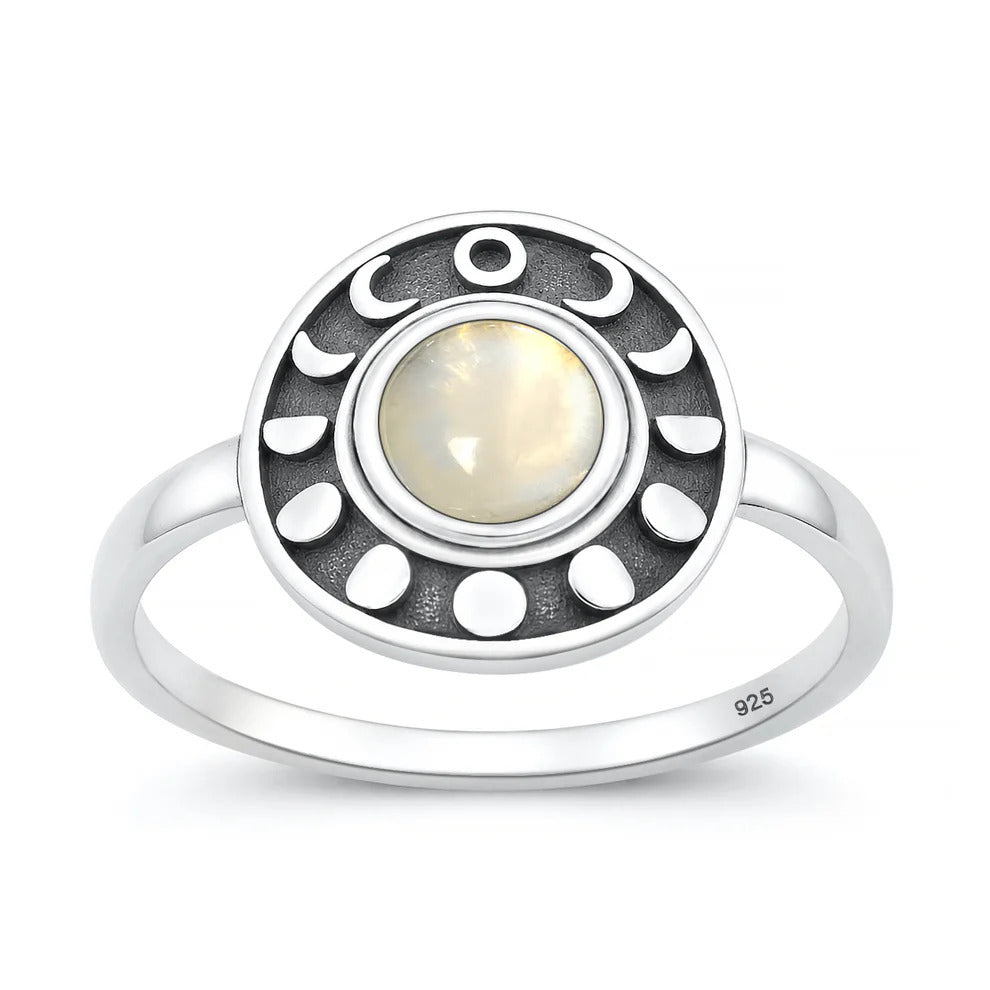 Sterling Silver Oxidized And Polished Moon Phases Moonstone Ring