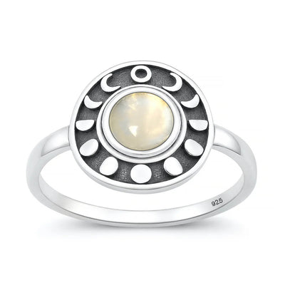 Sterling Silver Oxidized And Polished Moon Phases Moonstone Ring
