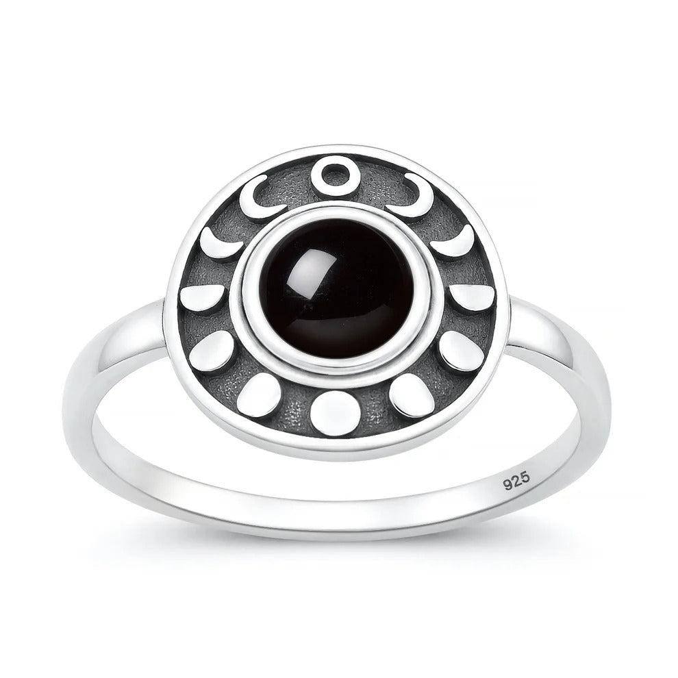 Sterling Silver Oxidized And Polished Moon Phases Black Agate Stone Ring