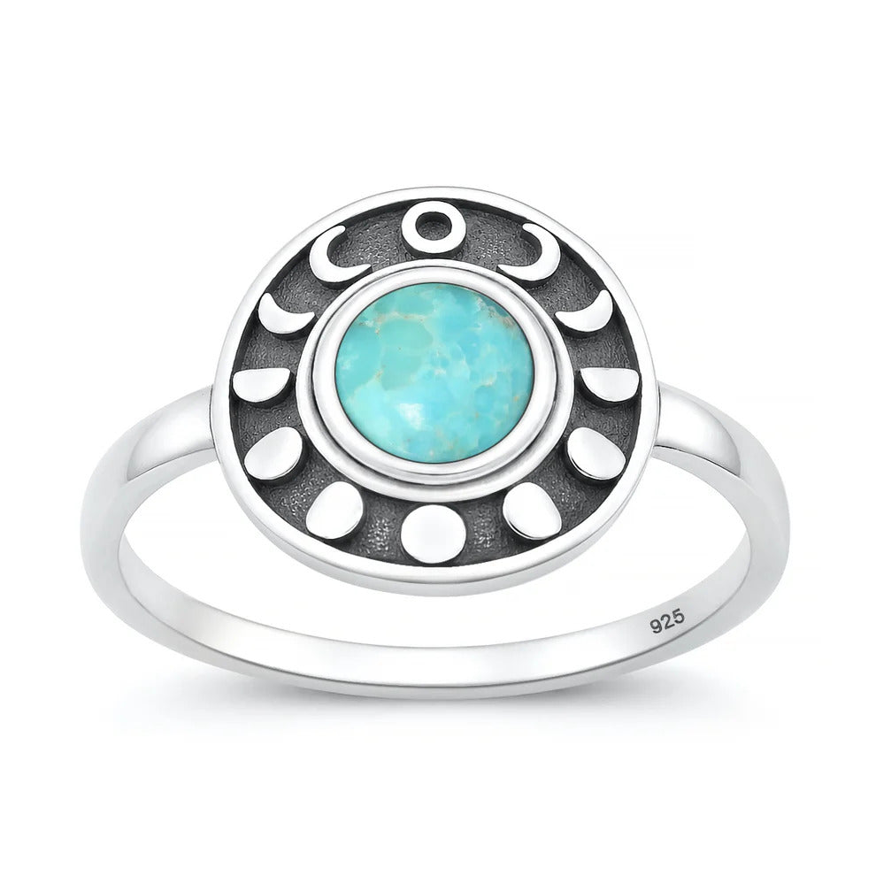 Sterling Silver Oxidized And Polished Moon Phases Turquoise Stone Ring