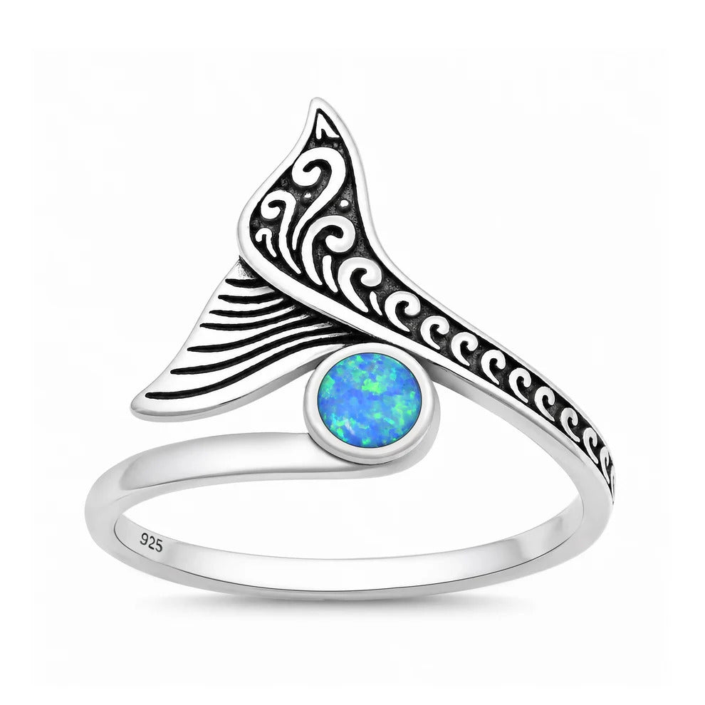 Sterling Silver Oxidized And Polished Whale Tail Blue Lab Opal Ring