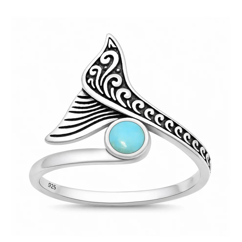 Sterling Silver Oxidized And Polished Whale Tail Turquoise Ring