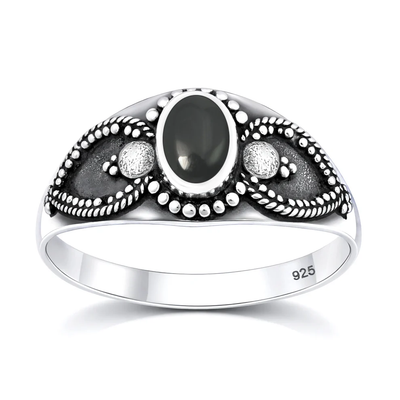 Sterling Silver Oxidized And Polished 9mm Oval Black Onyx Stone Bali Ring