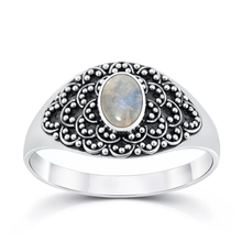 Load image into Gallery viewer, Sterling Silver Oxidized And Polished Flower Oval Moonstone Bali Ring