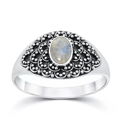 Sterling Silver Oxidized And Polished Flower Oval Moonstone Bali Ring
