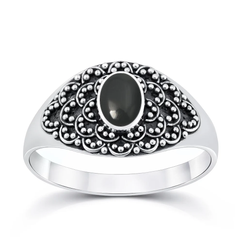 Sterling Silver Oxidized And Polished Oval Black Onyx Stone Bali Ring