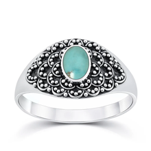 Load image into Gallery viewer, Sterling Silver Oxidized And Polished Oval Genuine Turquoise Stone Bali Ring