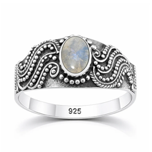 Load image into Gallery viewer, Sterling Silver Oxidized And Polished Oval Moonstone Bali Ring