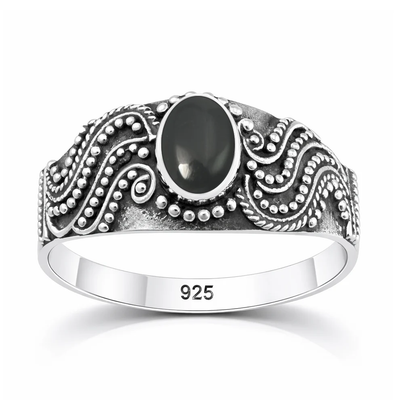 Sterling Silver Oxidized And Polished Black Onyx Stone Bali Ring