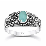 Sterling Silver Oxidized And Polished Round Genuine Turquoise Stone Bali Ring