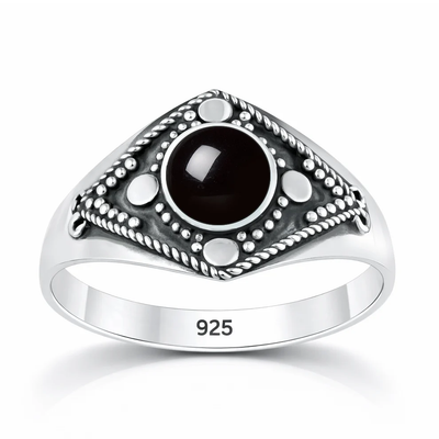 Sterling Silver Oxidized And Polished Round Black Onyx Stone Bali Ring