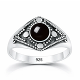 Sterling Silver Oxidized And Polished Round Black Onyx Stone Bali Ring